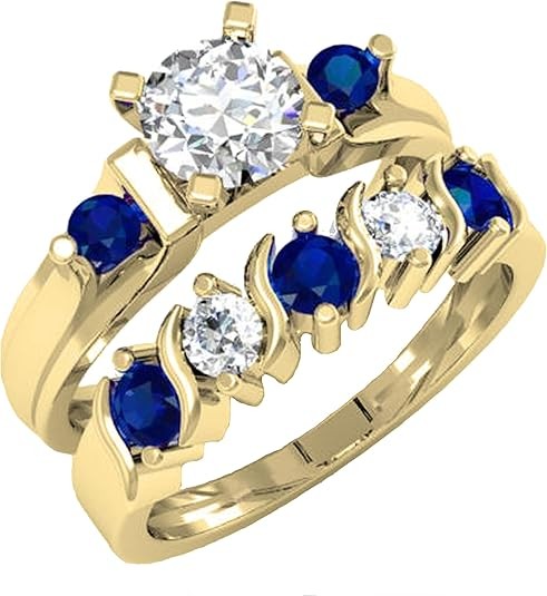 Dazzlingrock Collection 1.85 Cttw Natural Blue & White Sapphire 3 Stone Engagement Ring Set for Women in 10K Solid Gold